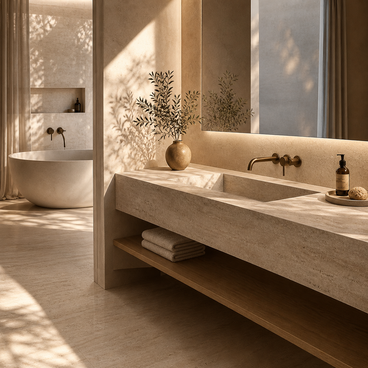 Refined bath collection scene with soft neutral interiors and sculptural stone furniture