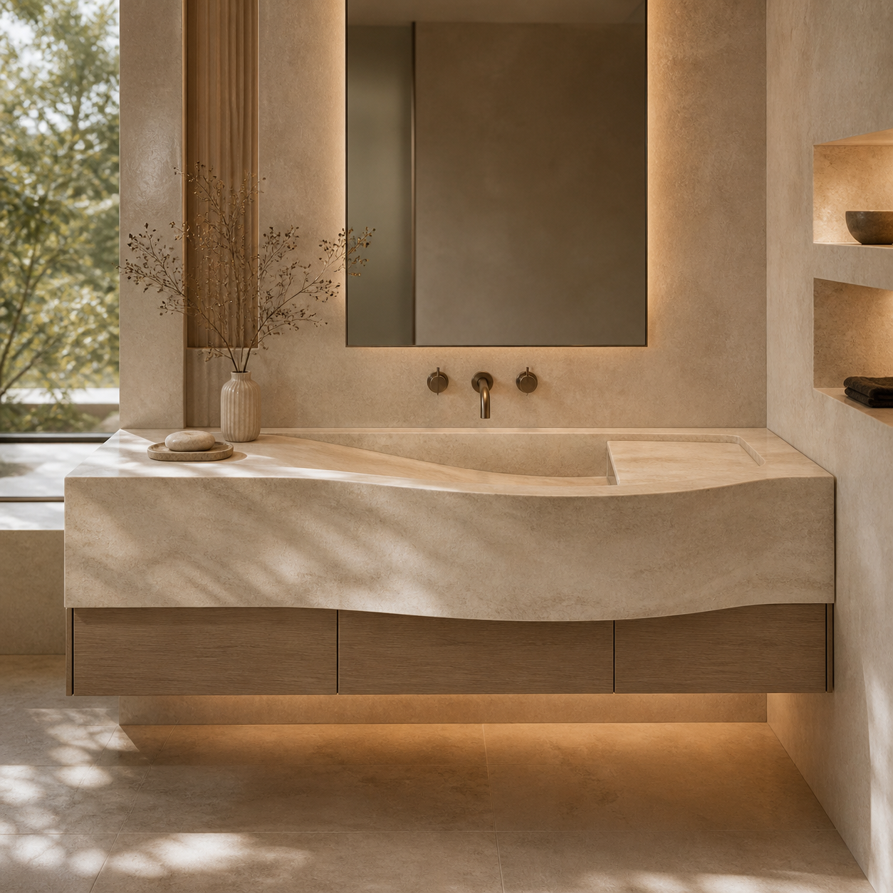 Custom bath project inspiration with elegant natural stone surfaces and warm interior styling