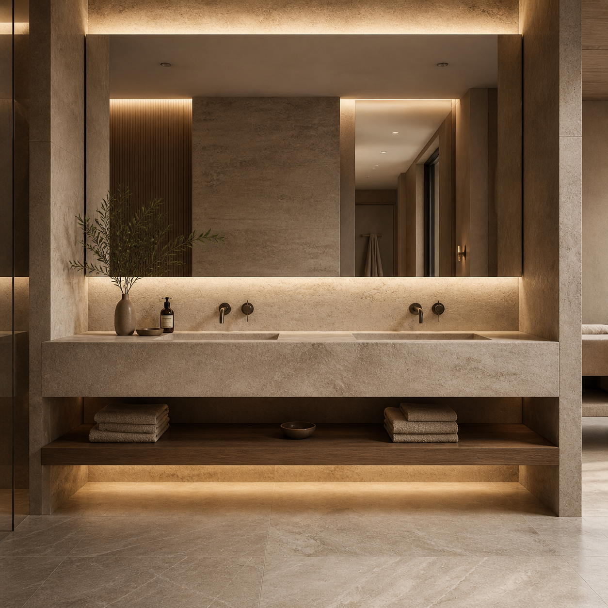 Hospitality project interior with refined stone details and a warm luxury atmosphere