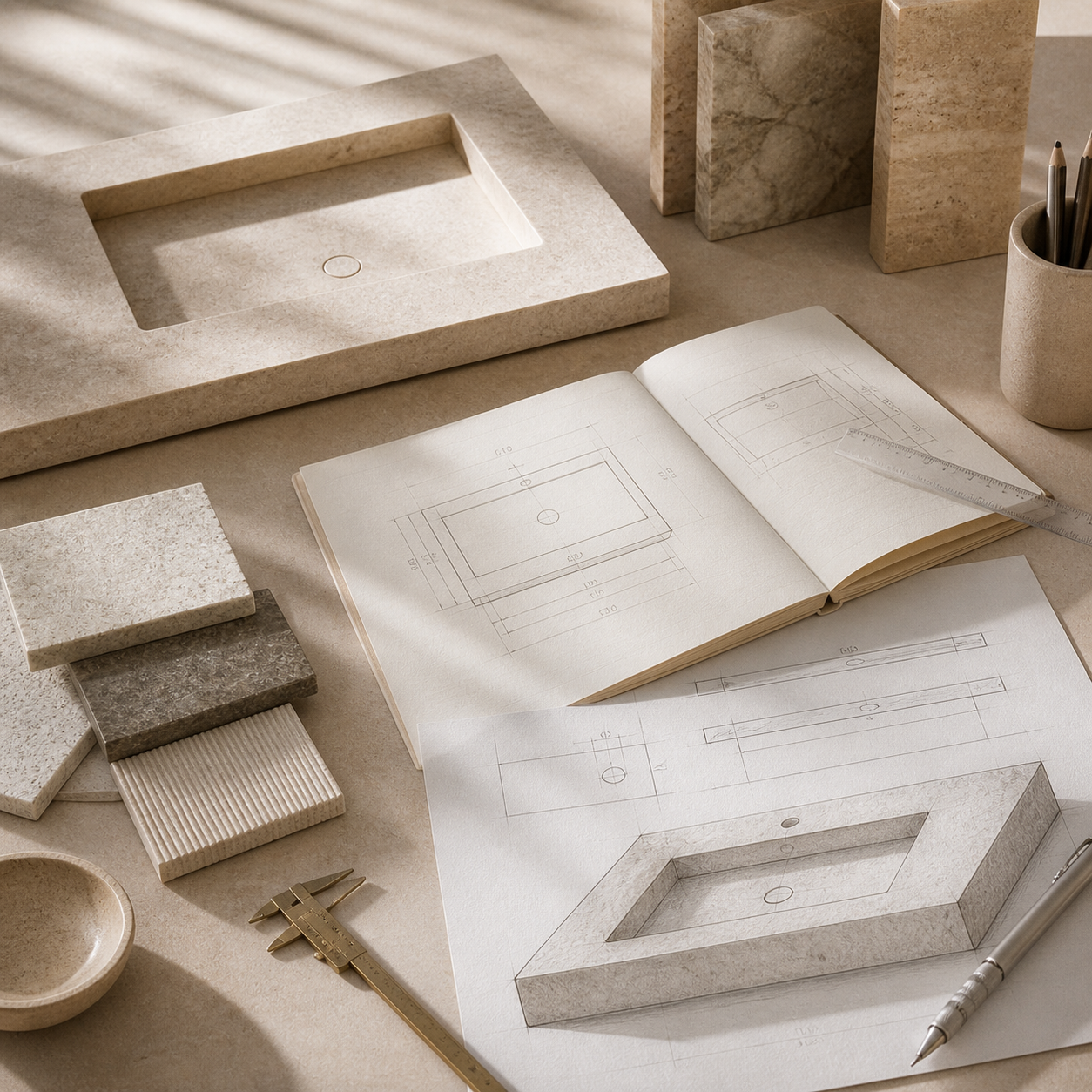 Design-led interior scene for custom stone bath inquiries and quote requests