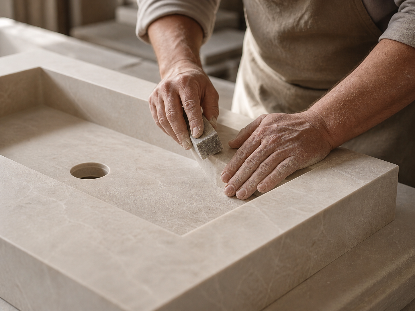 Stoneworker shaping the edge of a marble integrated basin by hand