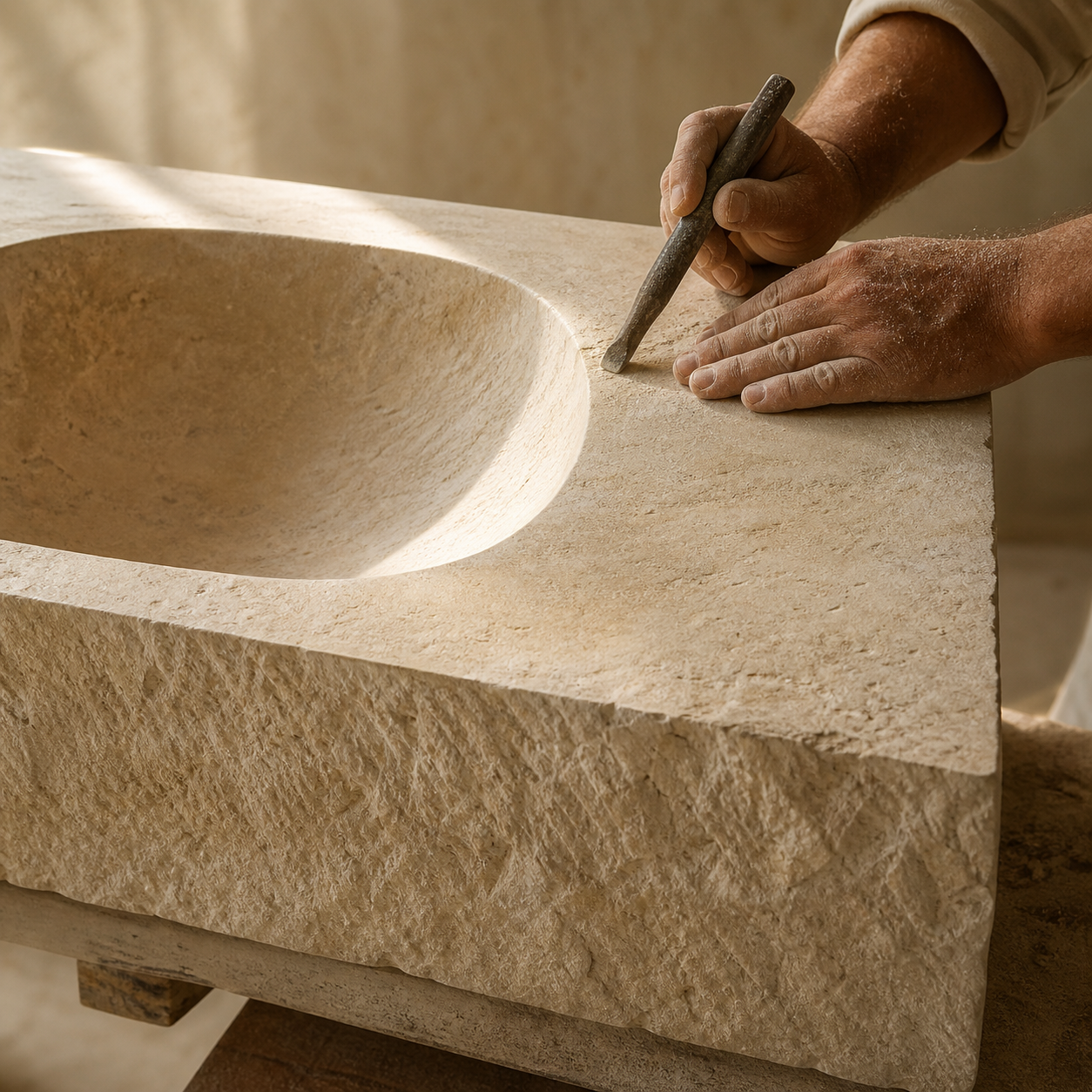 Integrated stone sink with faucet representing a carved-from-solid-stone design
