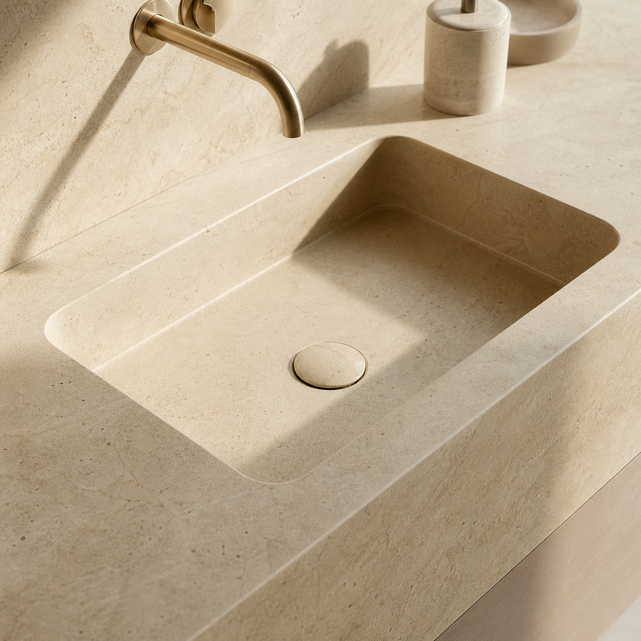 Integrated stone basin detail showing basin depth, edge transition, and drainage area