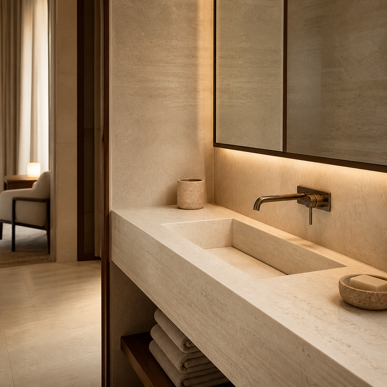 Integrated stone basin in a refined bathroom with architectural accents for residential and project use