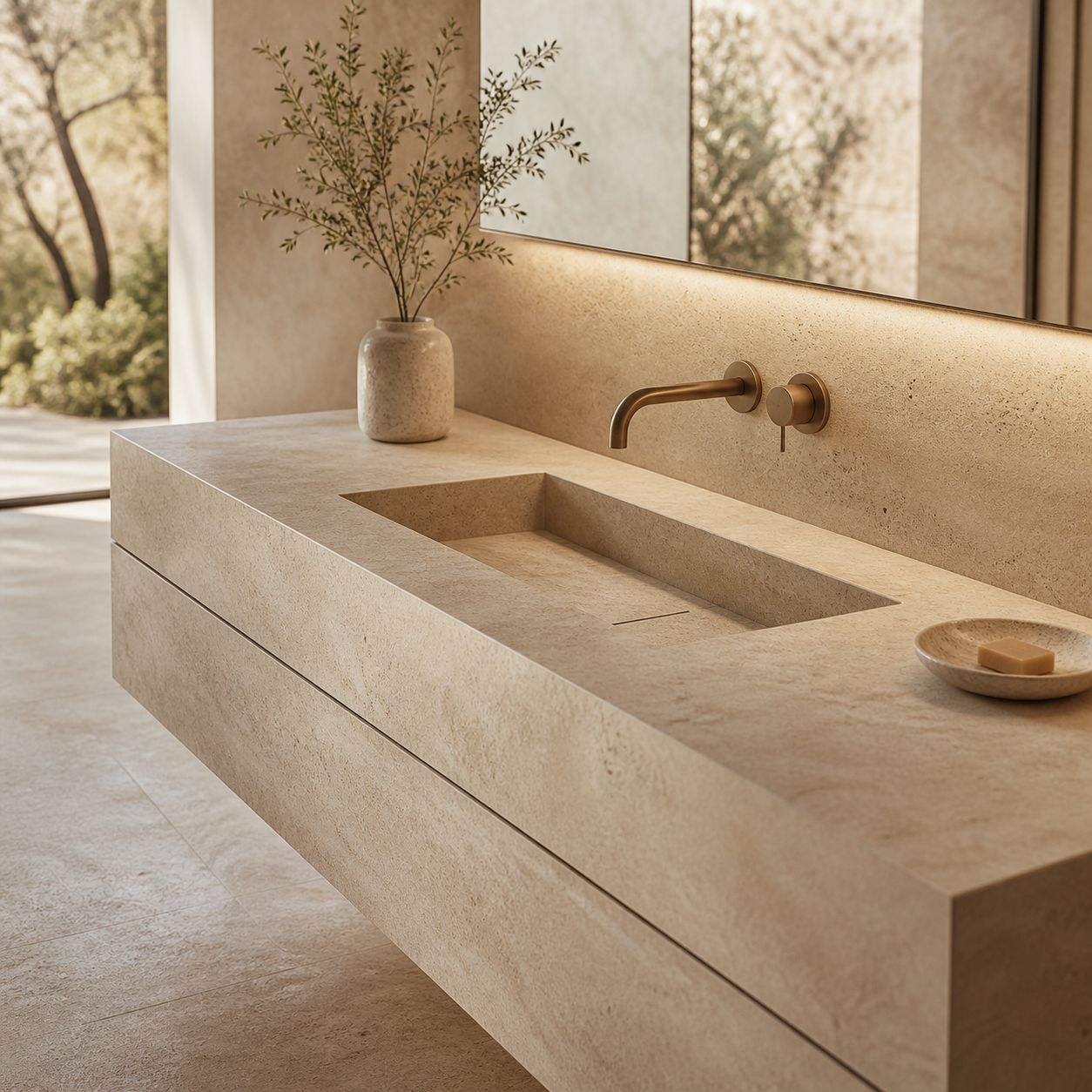 Minimalist bathroom vignette illustrating the seamless architectural presence of an integrated basin