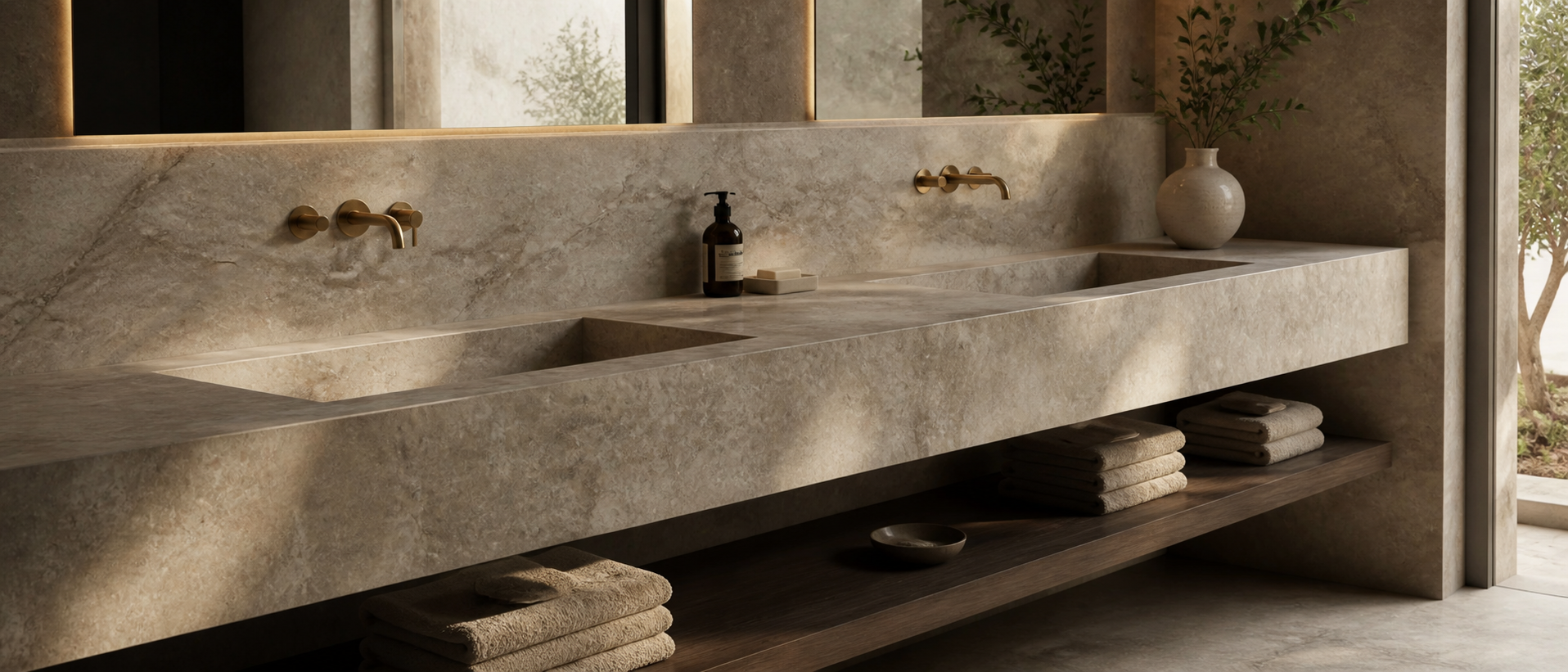 Warm luxury bathroom retreat featuring an integrated stone basin and clean architectural lines