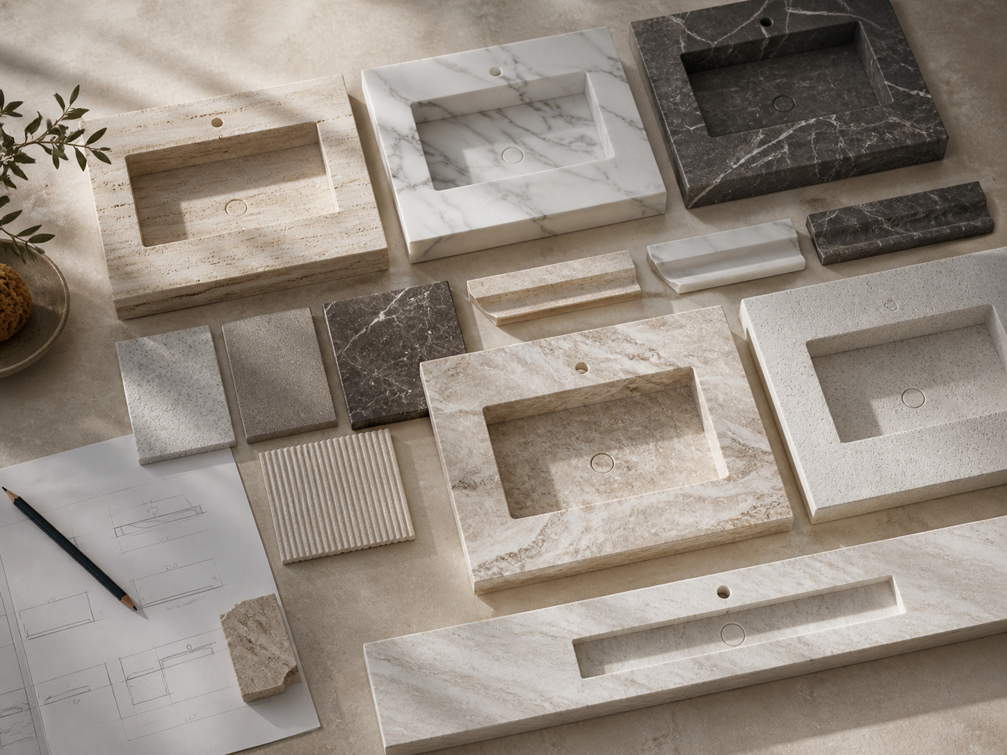Integrated basin material mood board with stone samples and warm neutral design inspiration