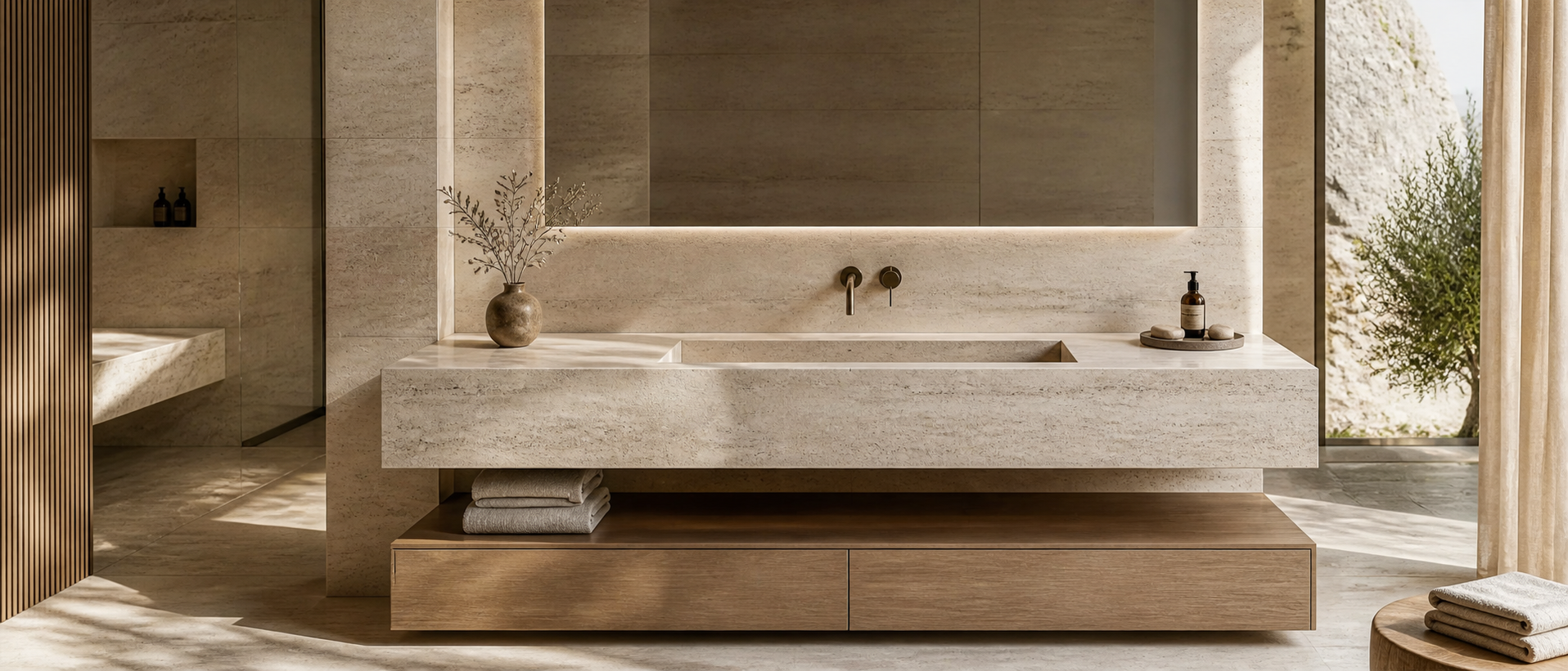 Minimalist bathroom with an integrated natural stone basin in soft natural light