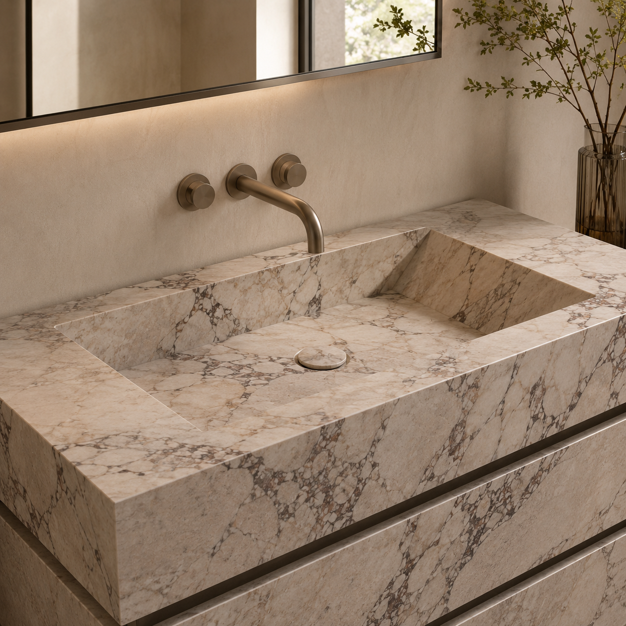 Integrated natural stone basin with sculptural bathroom design by OIXDESIGN