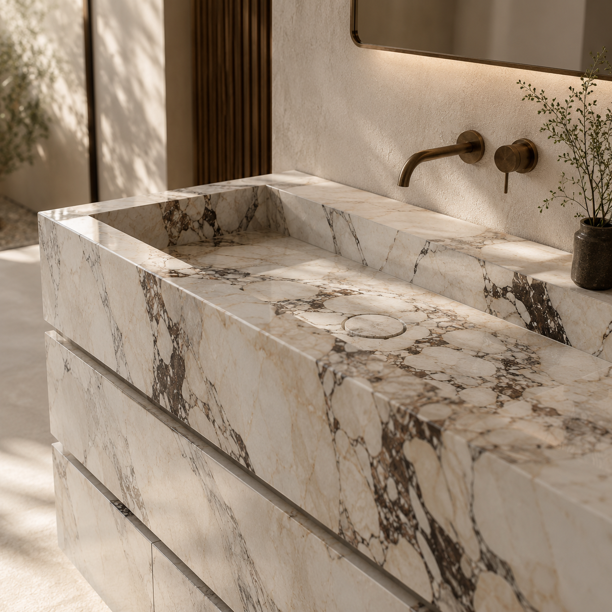 Integrated sink design in a natural stone vanity by OIXDESIGN