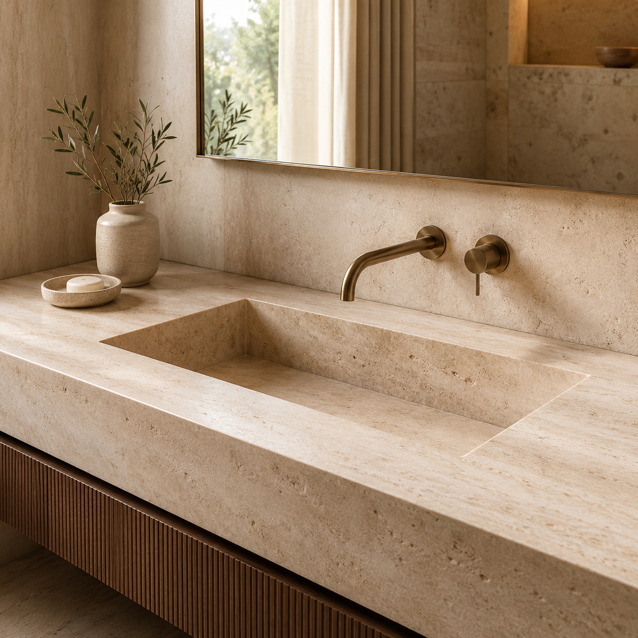 Integrated natural stone basins for luxury bathroom and hospitality bath projects by OIXDESIGN.