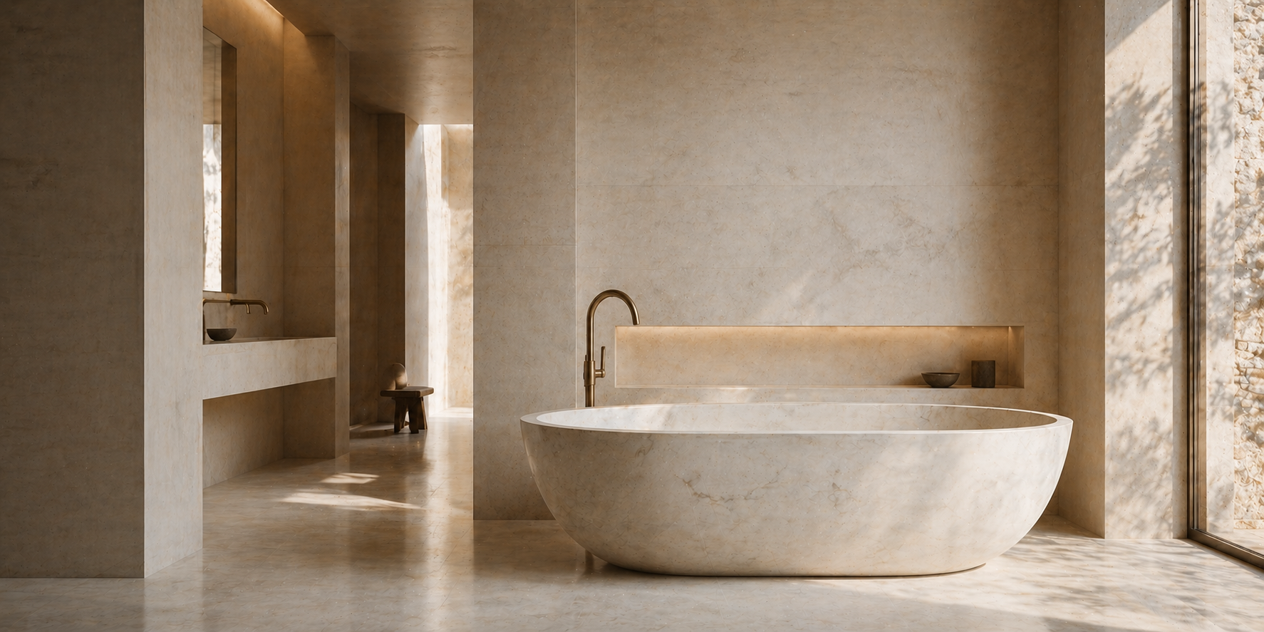 Ivory marble freestanding bathtub in a calm architectural bathroom setting for custom bath projects by OIXDESIGN.
