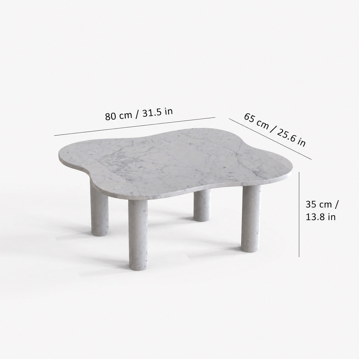 OIXDESIGN LakeMist Carrara white marble coffee table size and dimensions in cm and inches