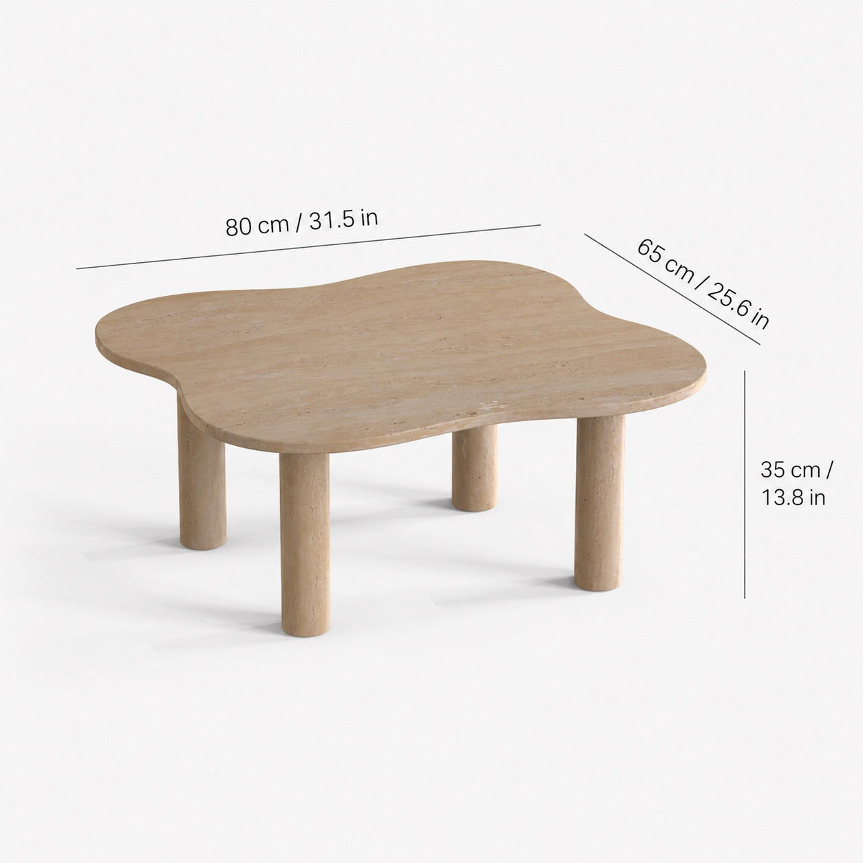 OIXDESIGN LakeMist travertine coffee table size and dimensions in cm and inches