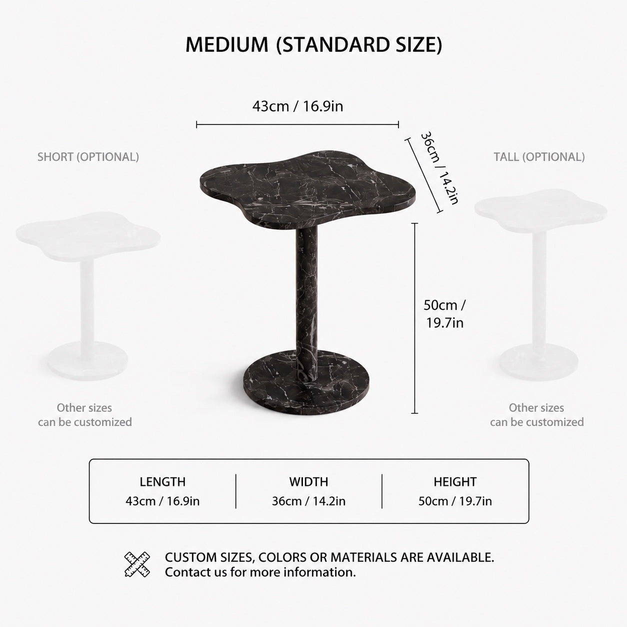 OIXDESIGN LakeMist black marble side table standard and custom size dimensions in cm and inches