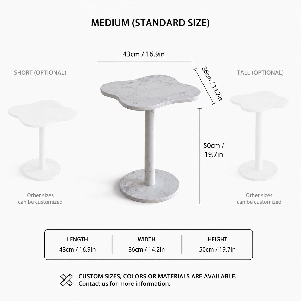 OIXDESIGN LakeMist Carrara white marble side table standard and custom size dimensions in cm and inches