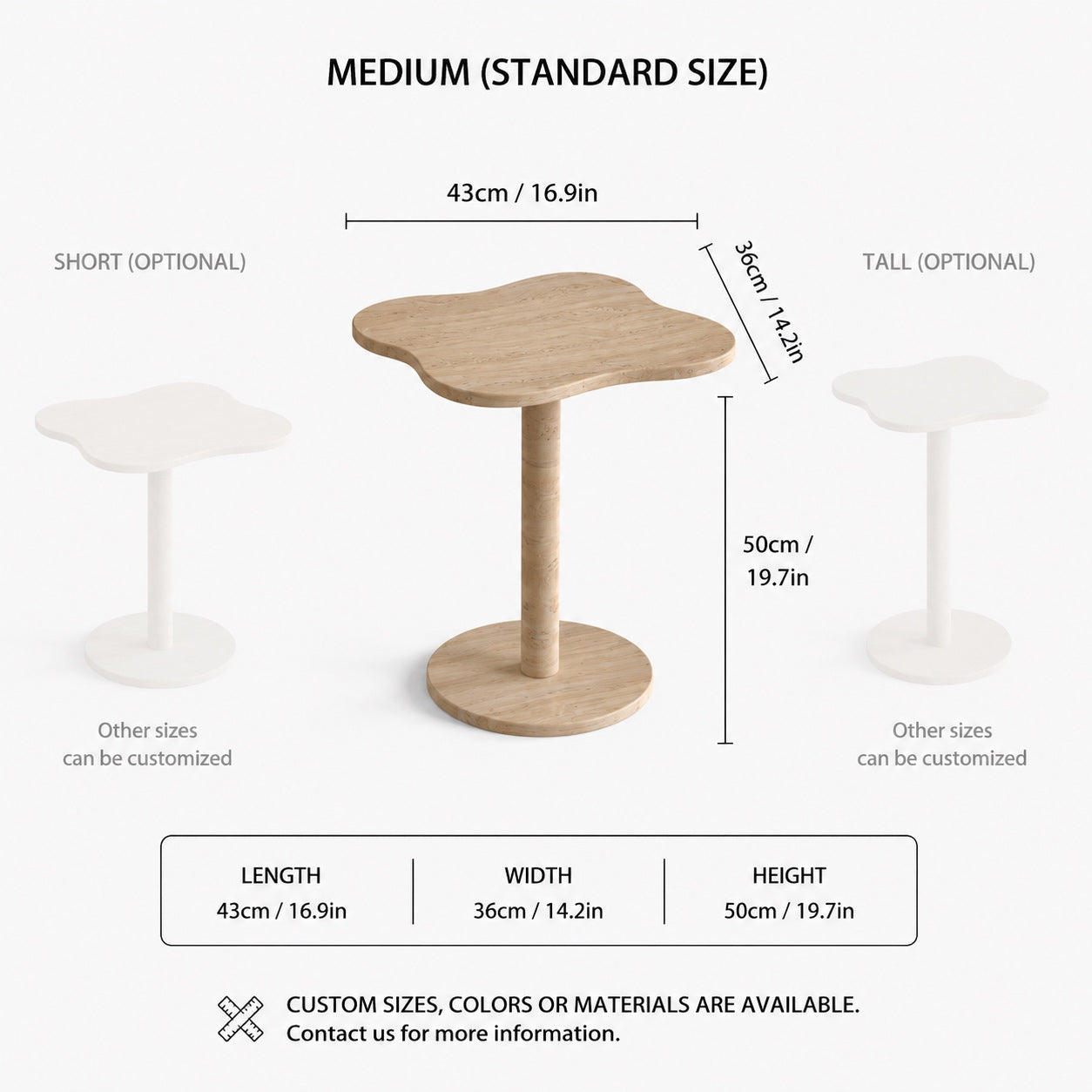 OIXDESIGN LakeMist travertine side table standard and custom size dimensions in cm and inches