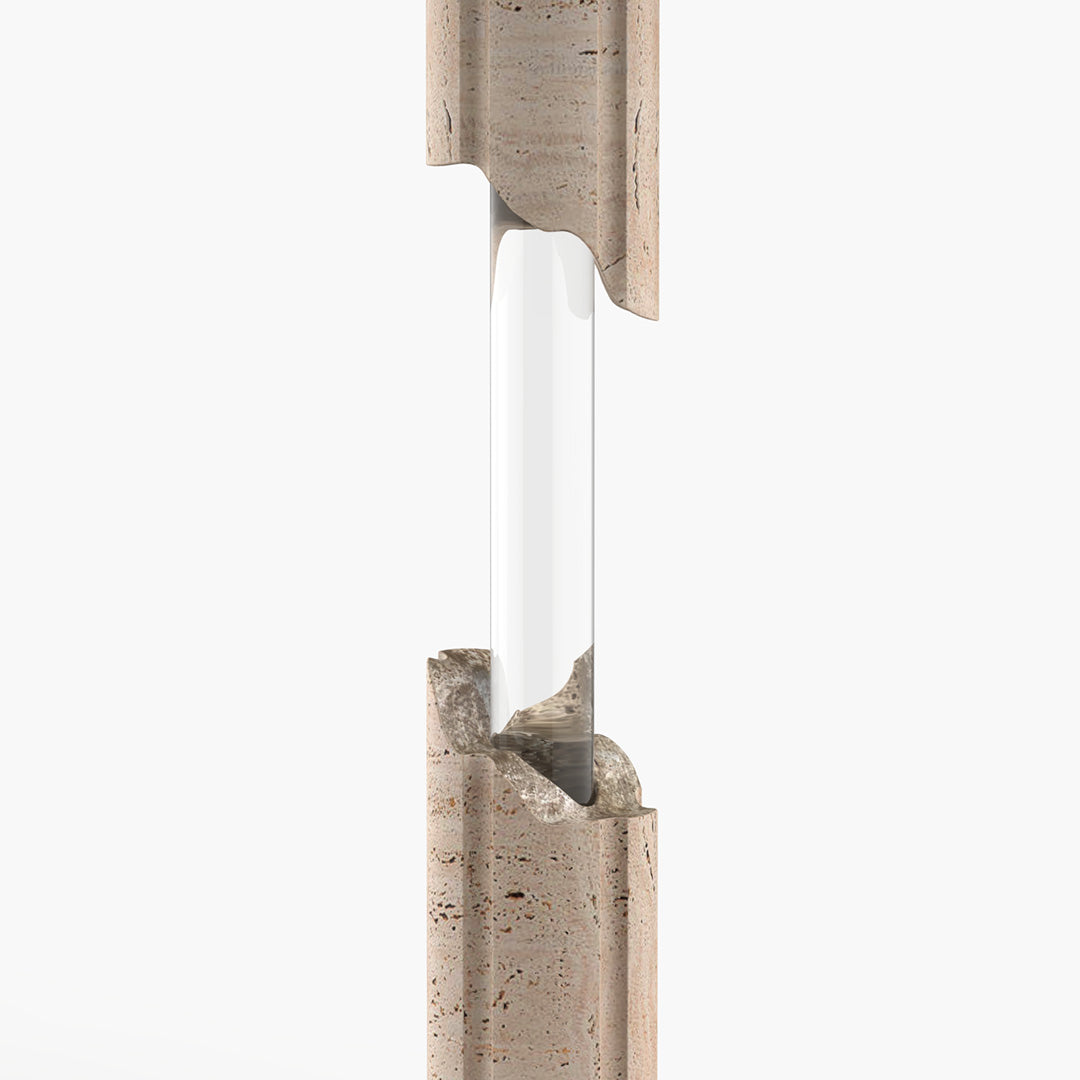 Transparent resin rod between upper and lower stone legs of AeroCloud Side Table, enhancing the floating effect.