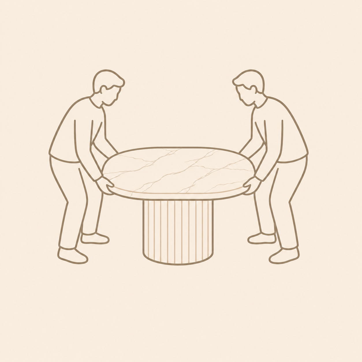 Minimal line icon of two people lifting a tabletop together, representing safe handling during stone table assembly.