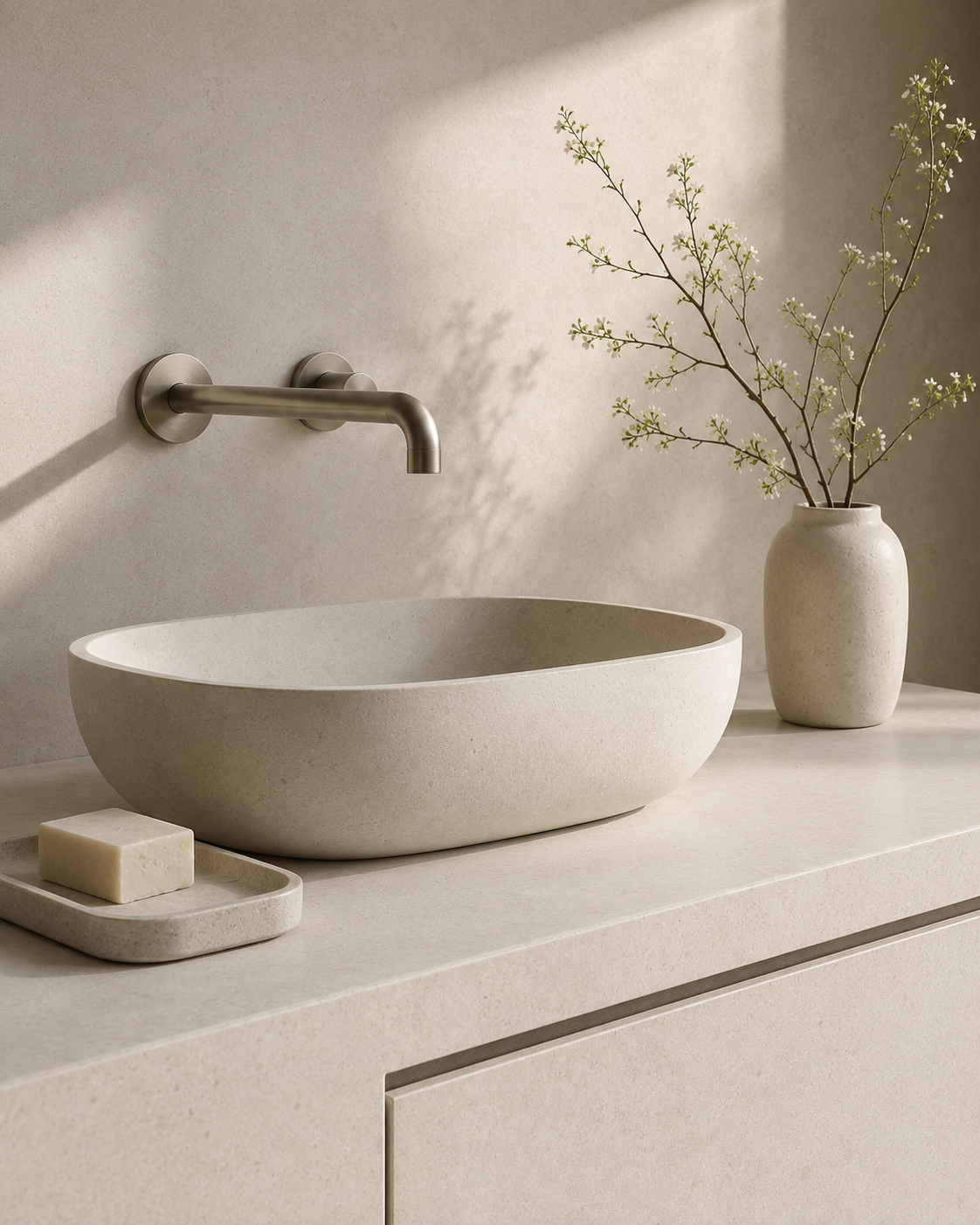 Natural limestone vanity with a vessel sink and soap accessories, representing limestone care.