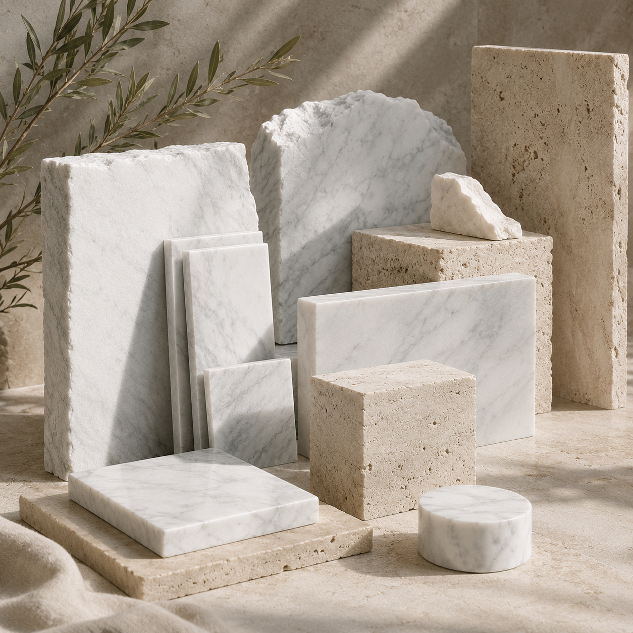 Marble and travertine stone slabs arranged in warm light to show long-lasting natural materials by OIXDESIGN