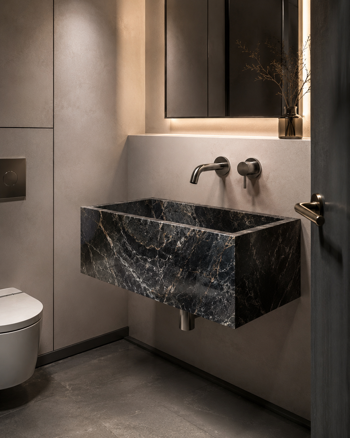 Luxury bathroom interior featuring an OIXDESIGN wall-mounted stone sink