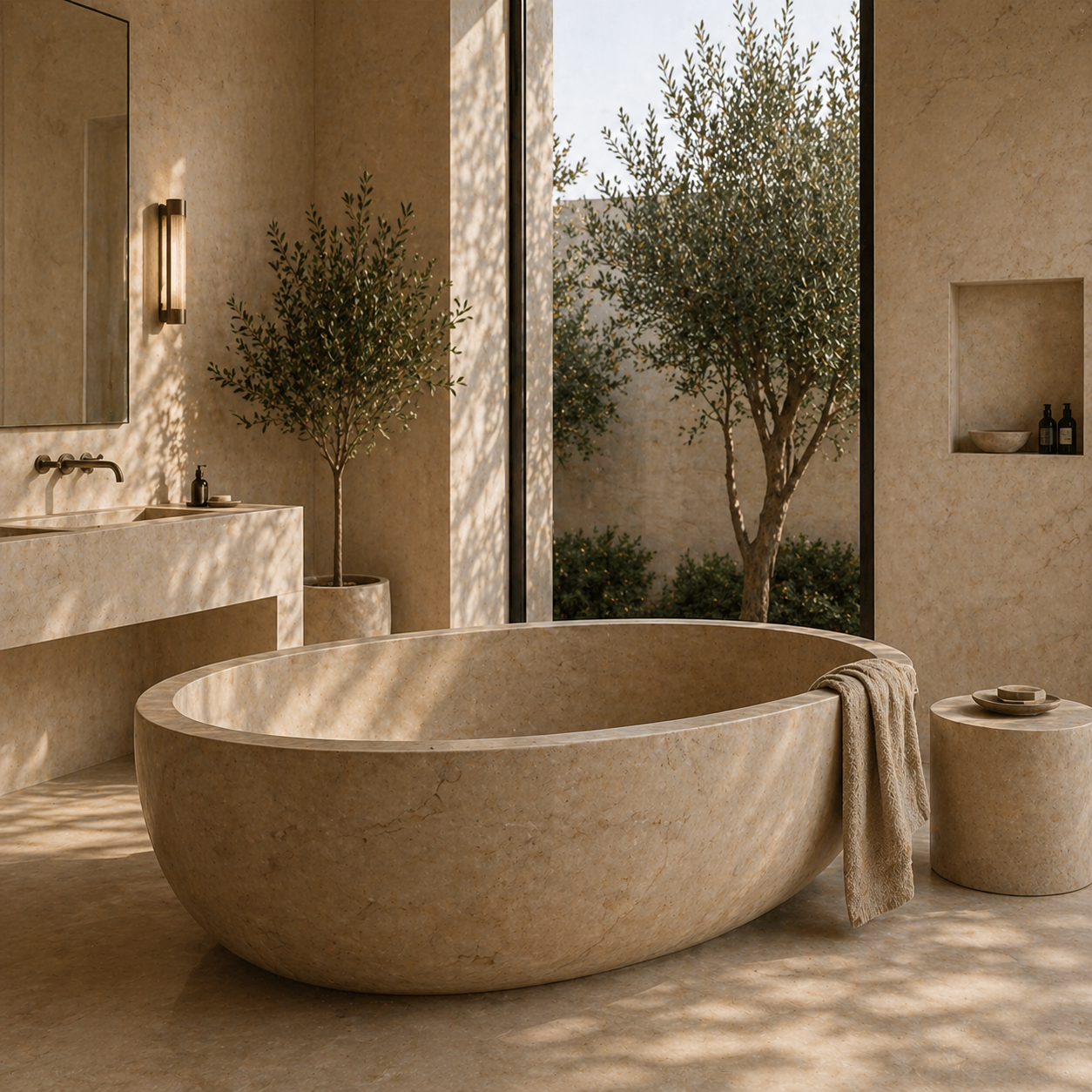 Luxury natural stone bathroom with freestanding stone bathtub for OIXDESIGN project and trade inquiries