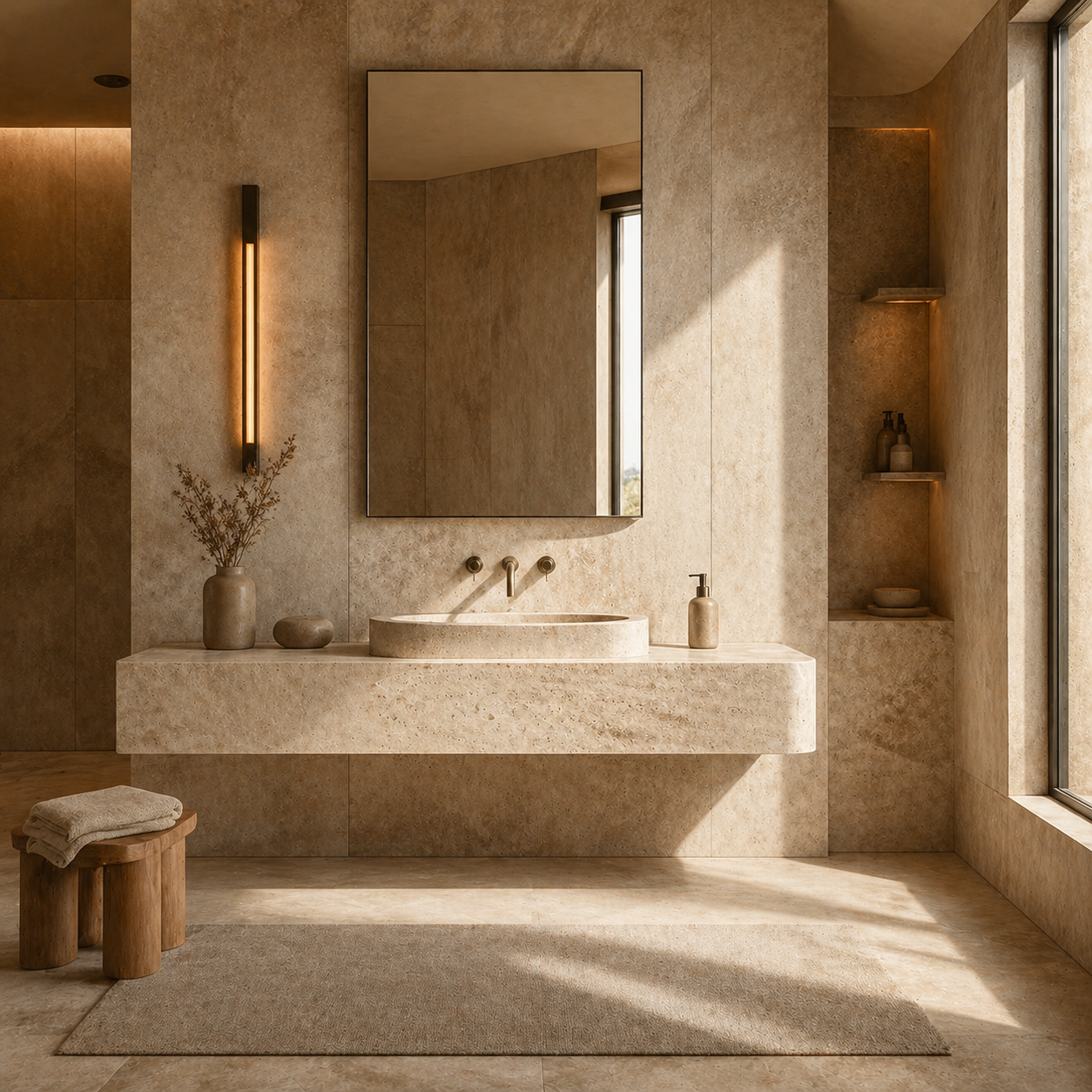 OIXDESIGN luxury stone bathroom vanity with integrated natural stone sink and warm spa-like design