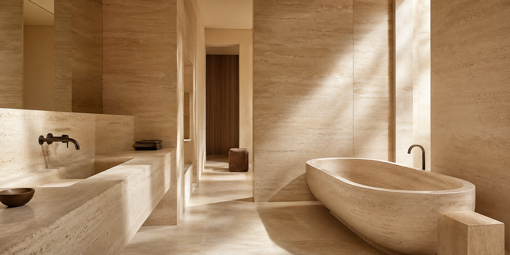 Luxury travertine stone bathroom with freestanding bathtub and integrated stone sink for OIXDESIGN project and trade services