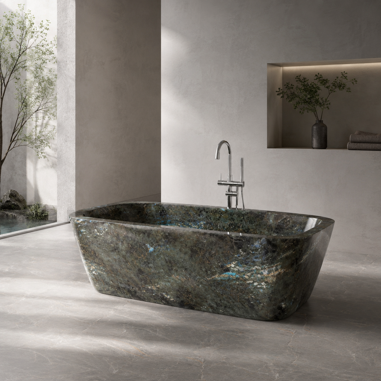 Elegant marble stone bathtub placed in a calm and refined bathroom setting by OIXDESIGN.