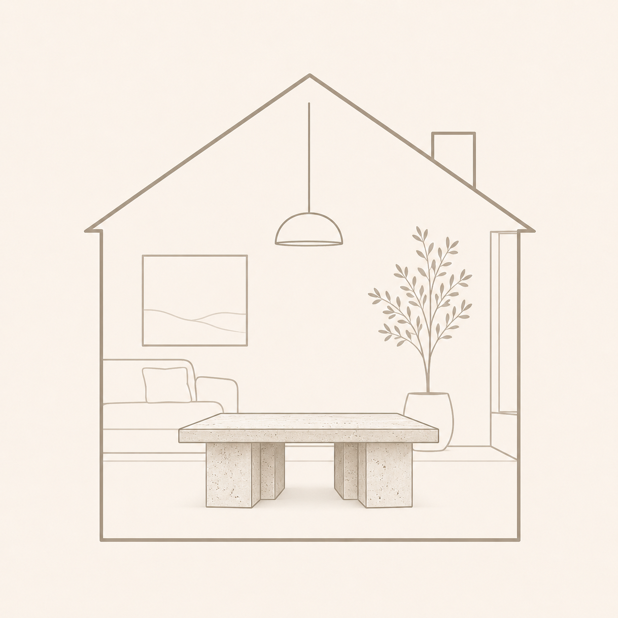 Minimal line icon of a natural stone table placed inside a warm home interior, representing OIXDESIGN tables made for real homes.