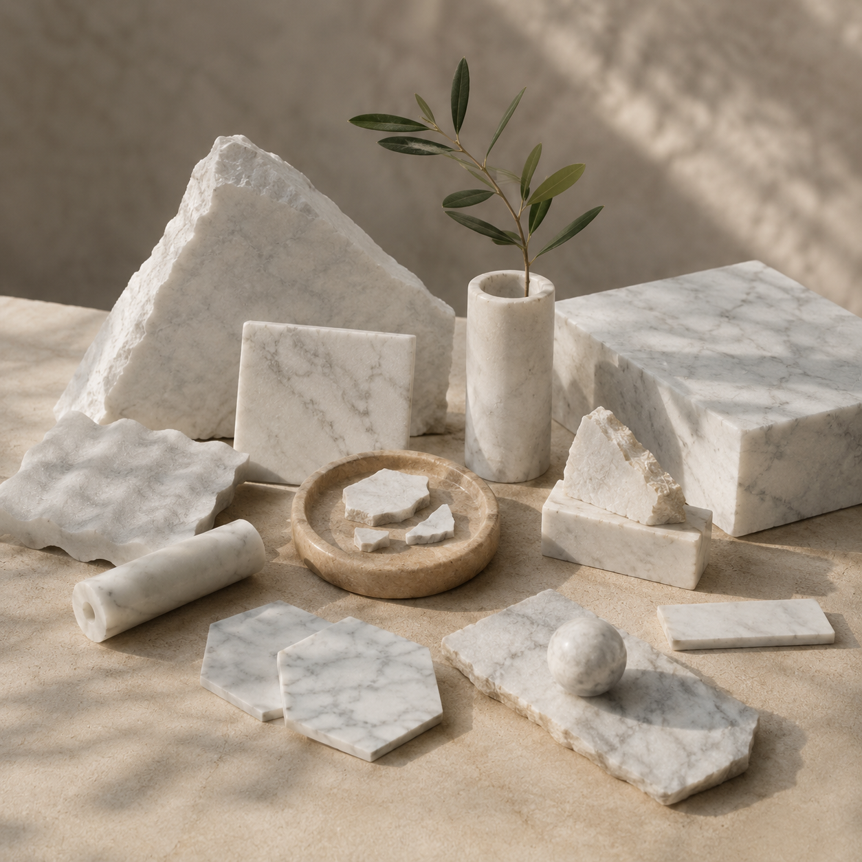 Thoughtfully arranged marble offcuts and stone remnants showing OIXDESIGN approach to reducing excess material