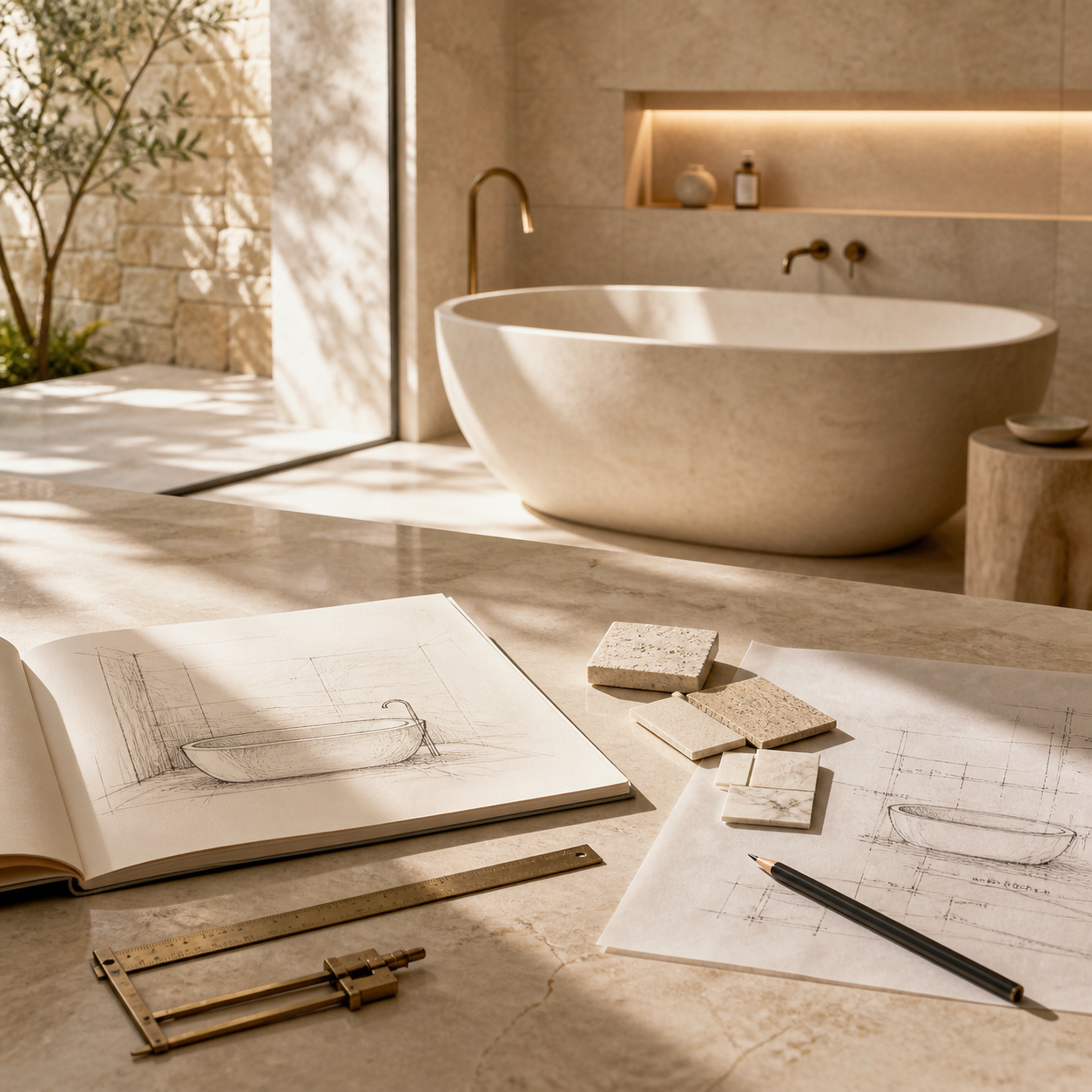 Custom marble bathtub project planning scene with design sketches, material samples, and a refined studio workspace by OIXDESIGN