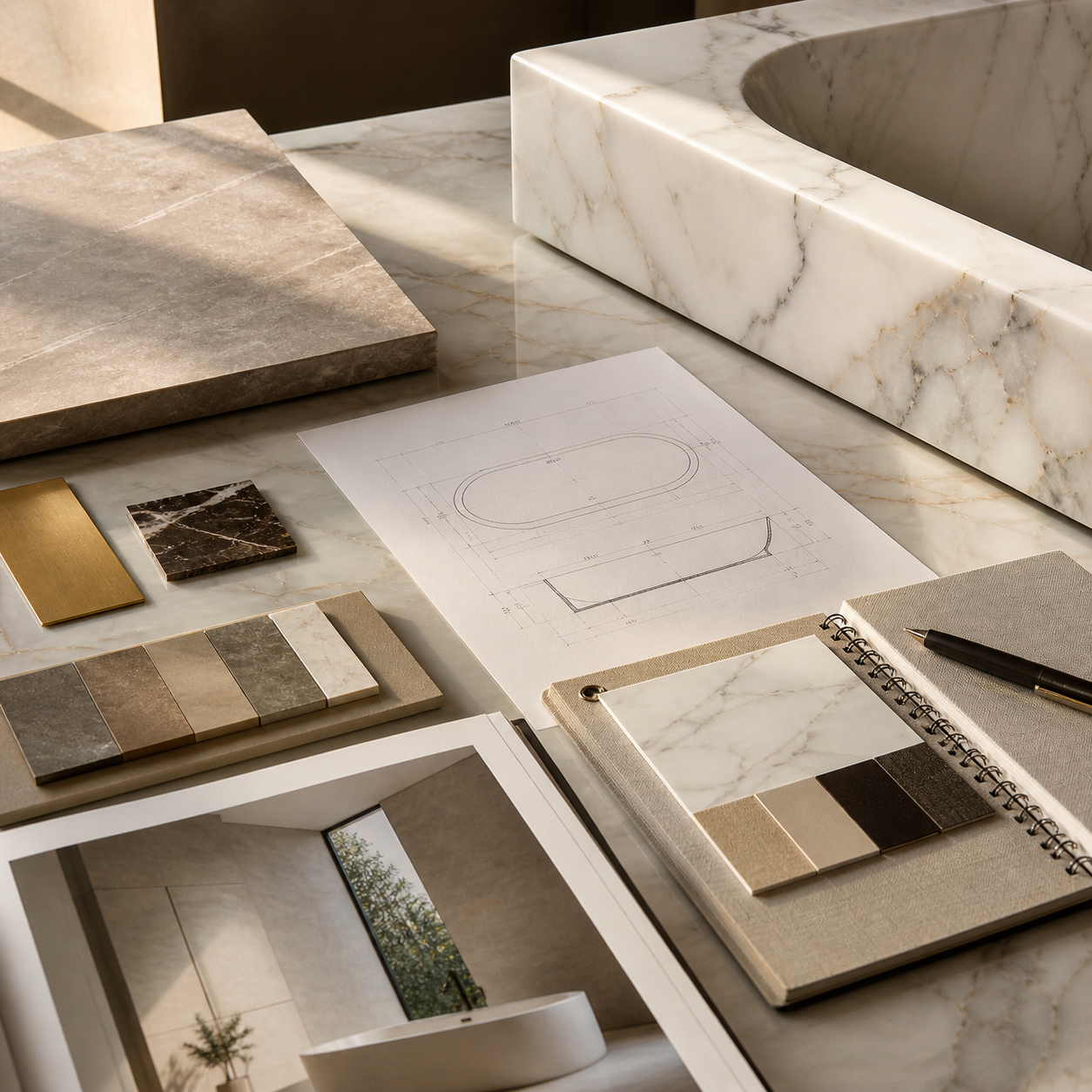 Marble bathtub design inspiration workspace with sketches, stone samples, and warm-toned material references