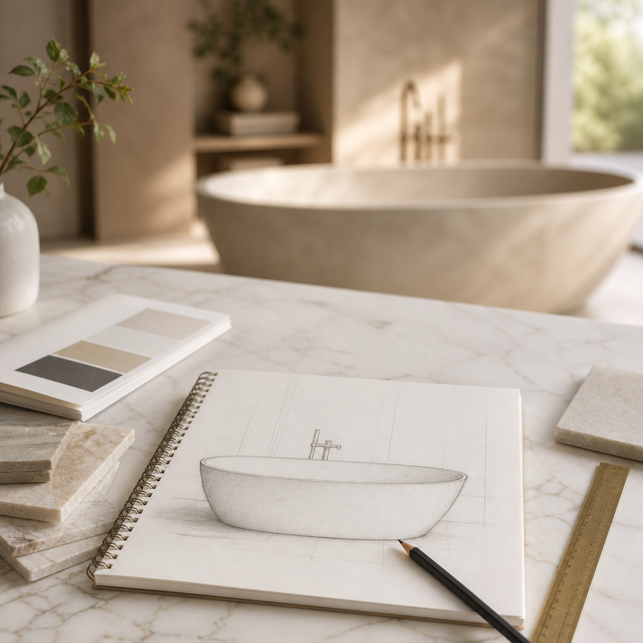 Marble bathtub design consultation scene with sketches, stone samples, and material boards for quote requests by OIXDESIGN