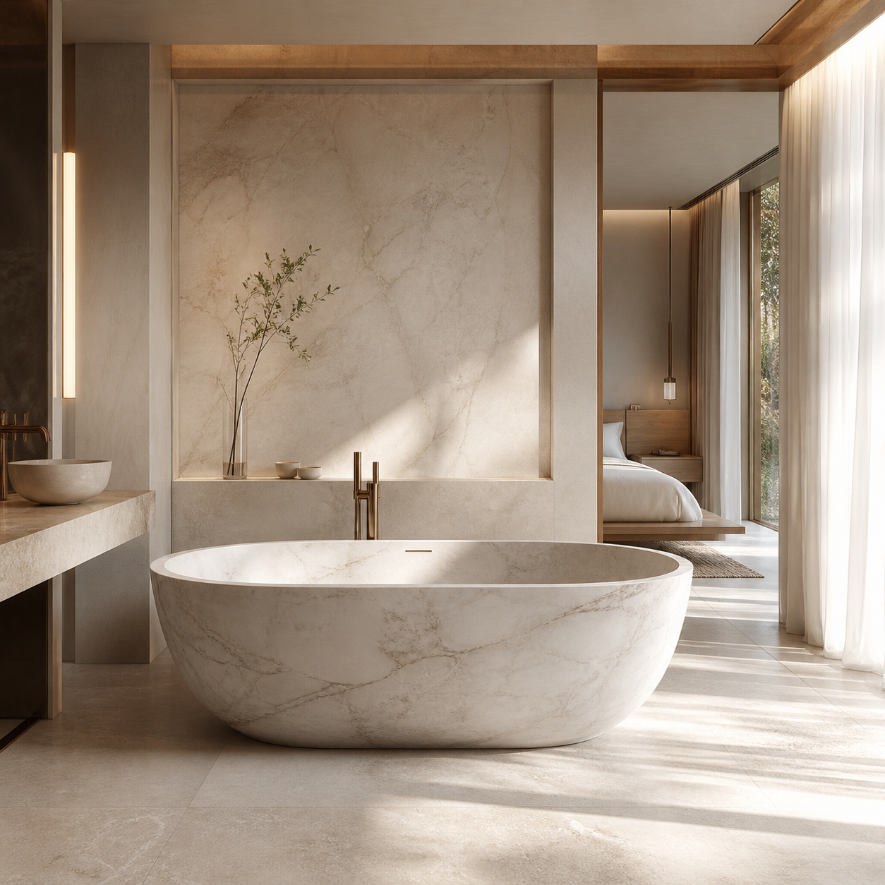 Minimalist stone bathroom interior featuring a sculptural marble bathtub and calm natural light