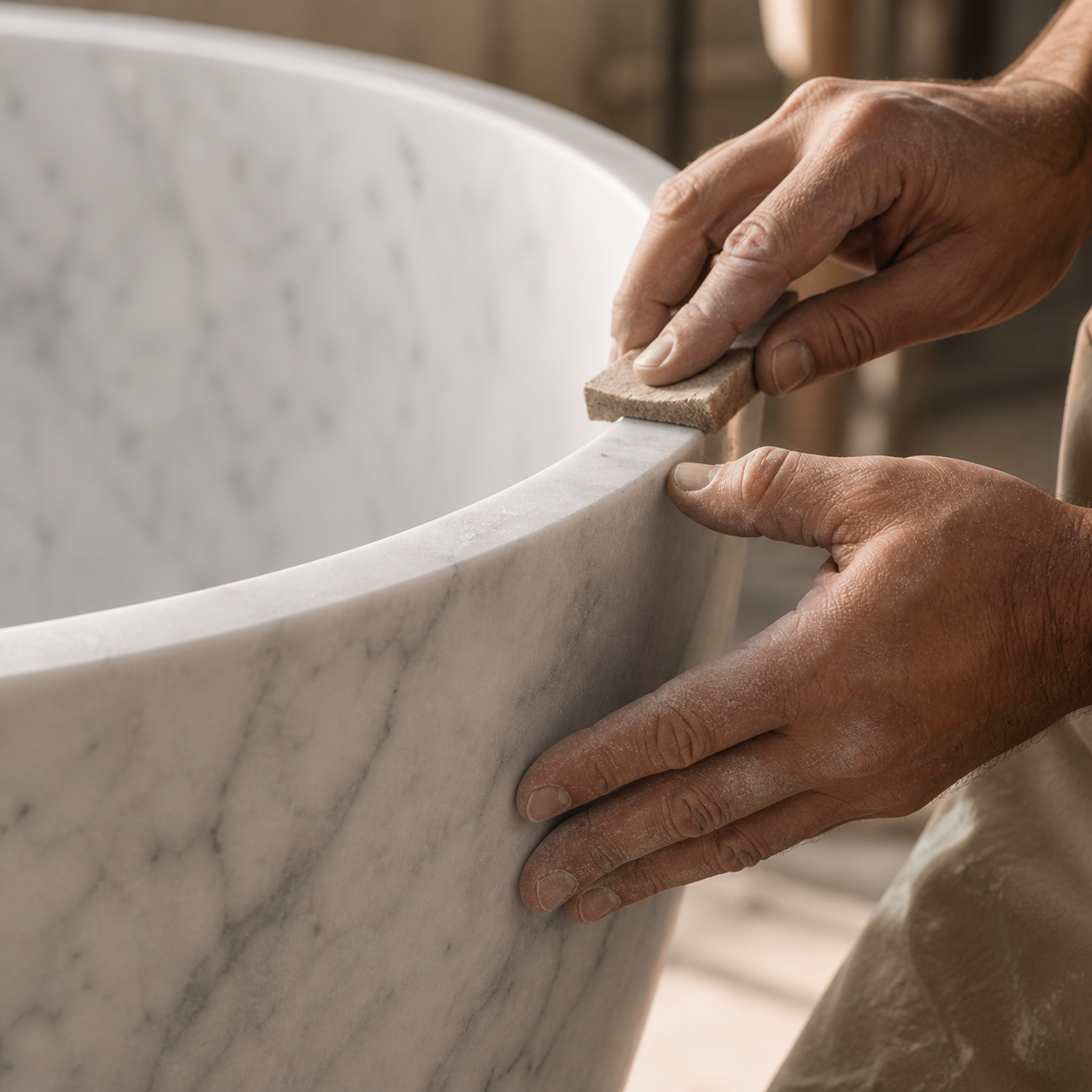 Hand finishing the rim of a solid marble bathtub by skilled craftsmen