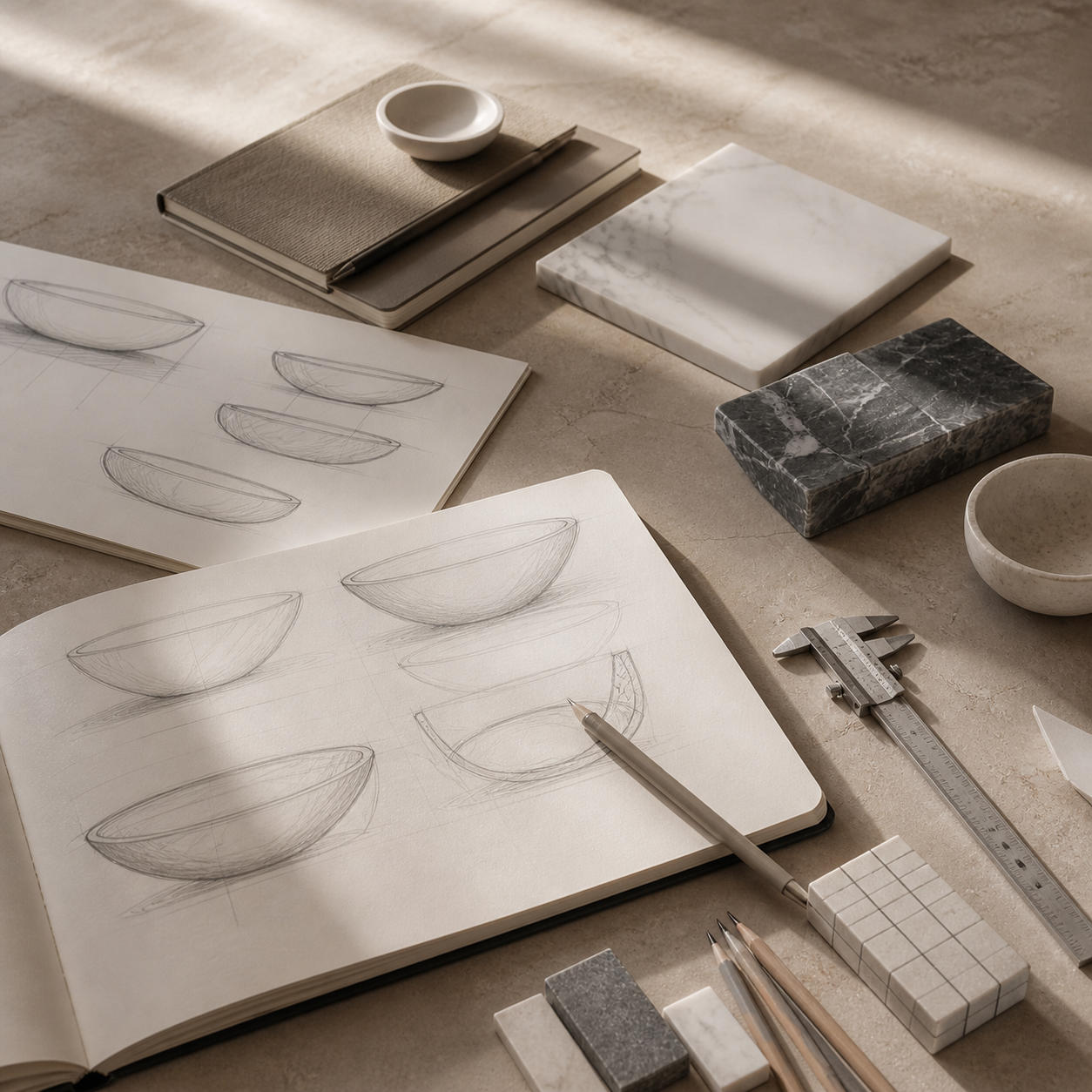 Marble bathtub design sketches with stone samples for custom bath projects