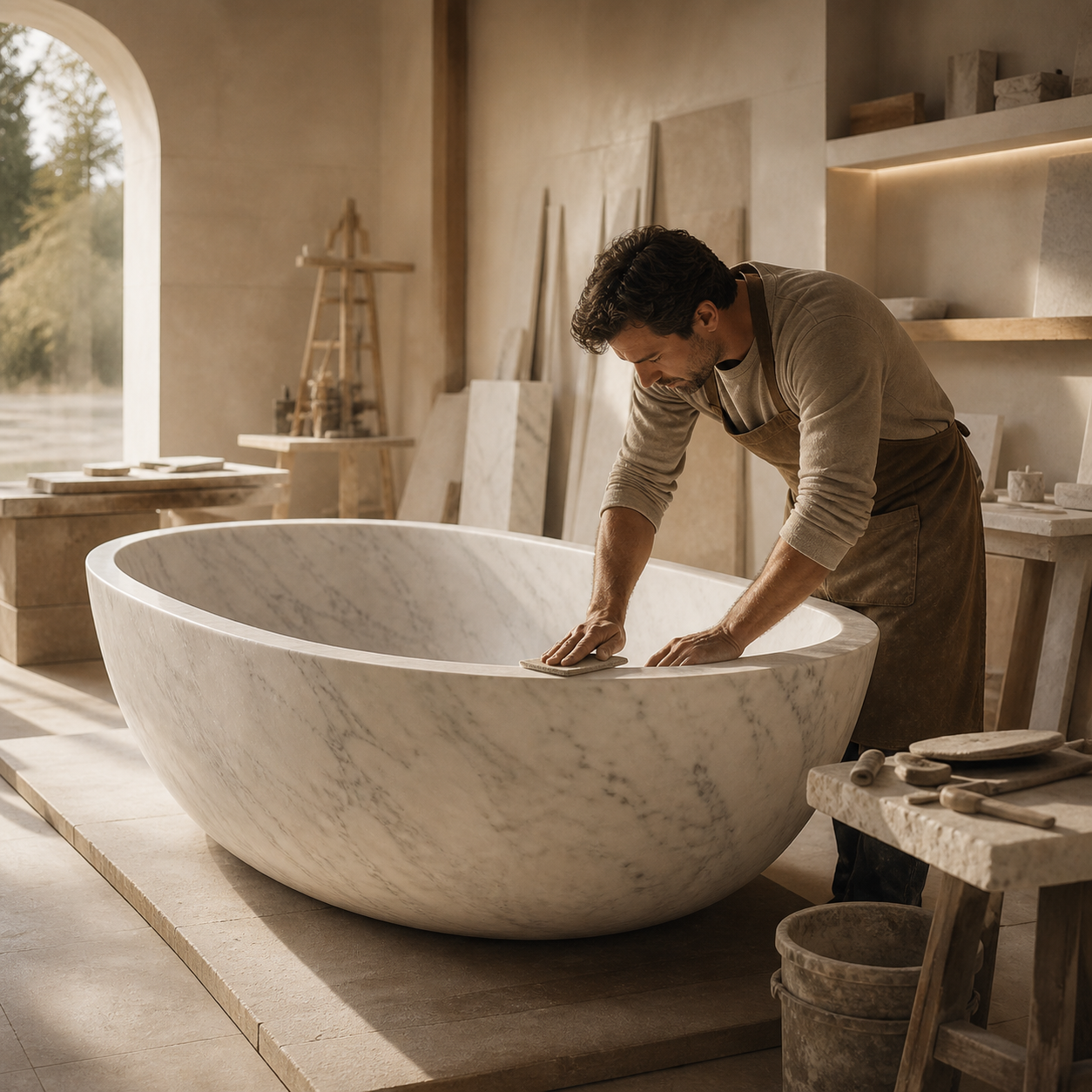 Craftsman hand finishing a white marble bathtub in a stone workshop