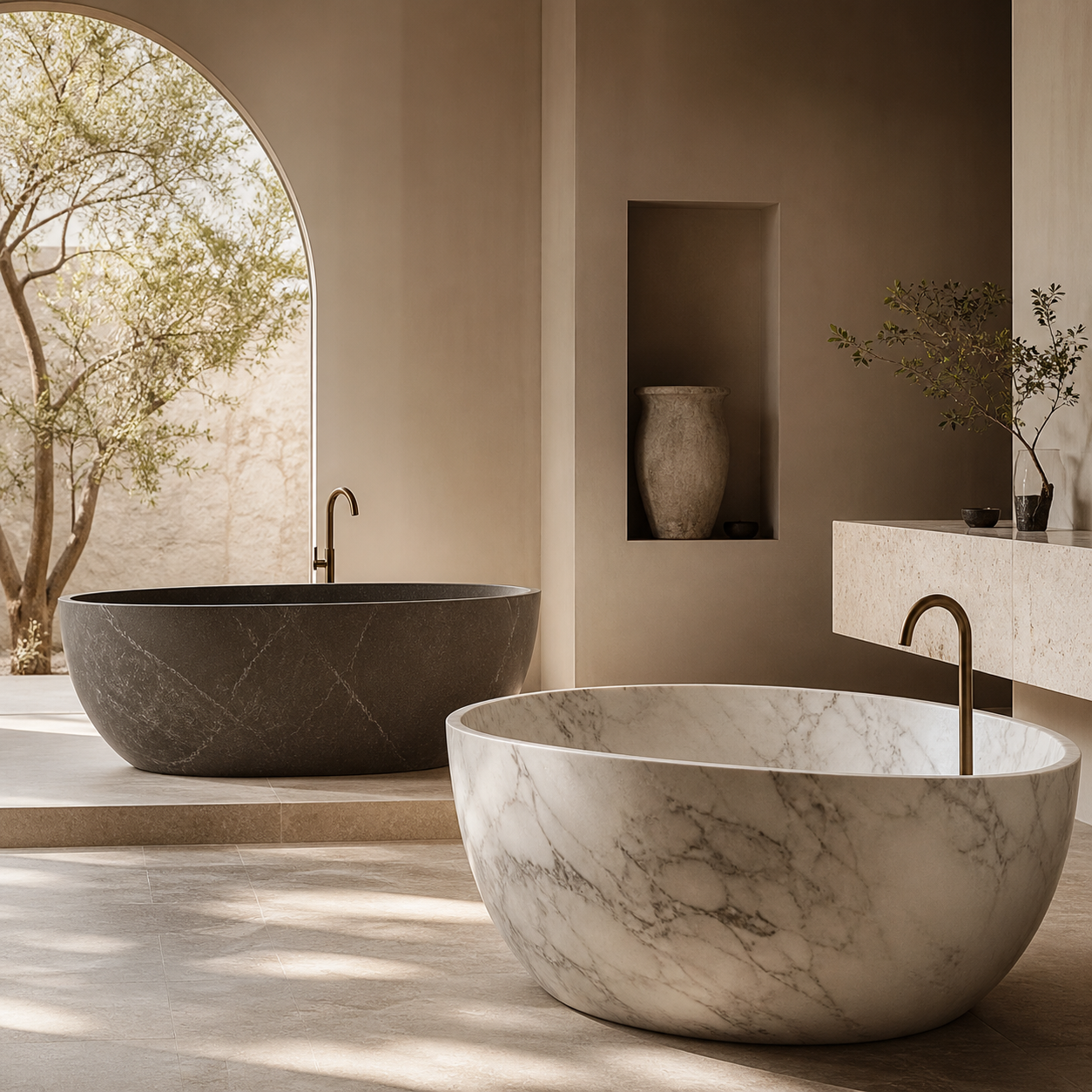 Luxury marble bathtub bathroom retreat with warm natural light and a refined spa-like interior by OIXDESIGN