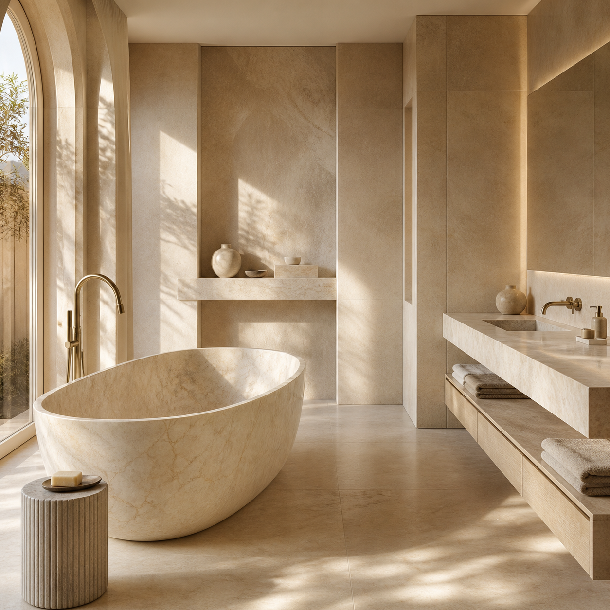 Marble bathtub in a serene spa-inspired bathroom with soft neutral tones and minimalist styling by OIXDESIGN