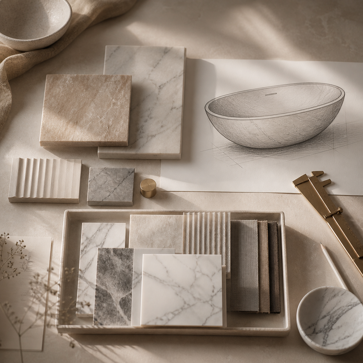 Marble bathtub materials and finish moodboard with stone samples and design sketch