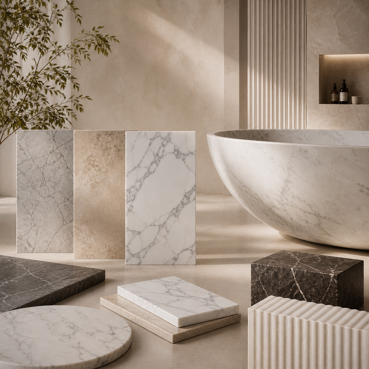 Curated marble samples for custom marble bathtub material selection