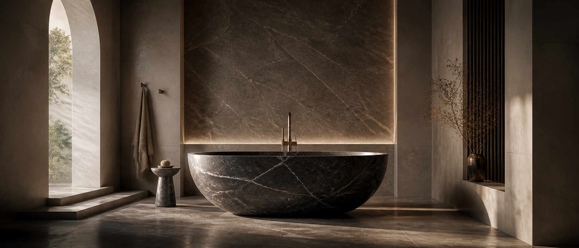 Dark marble bathtub with dramatic veining in a luxury spa bathroom