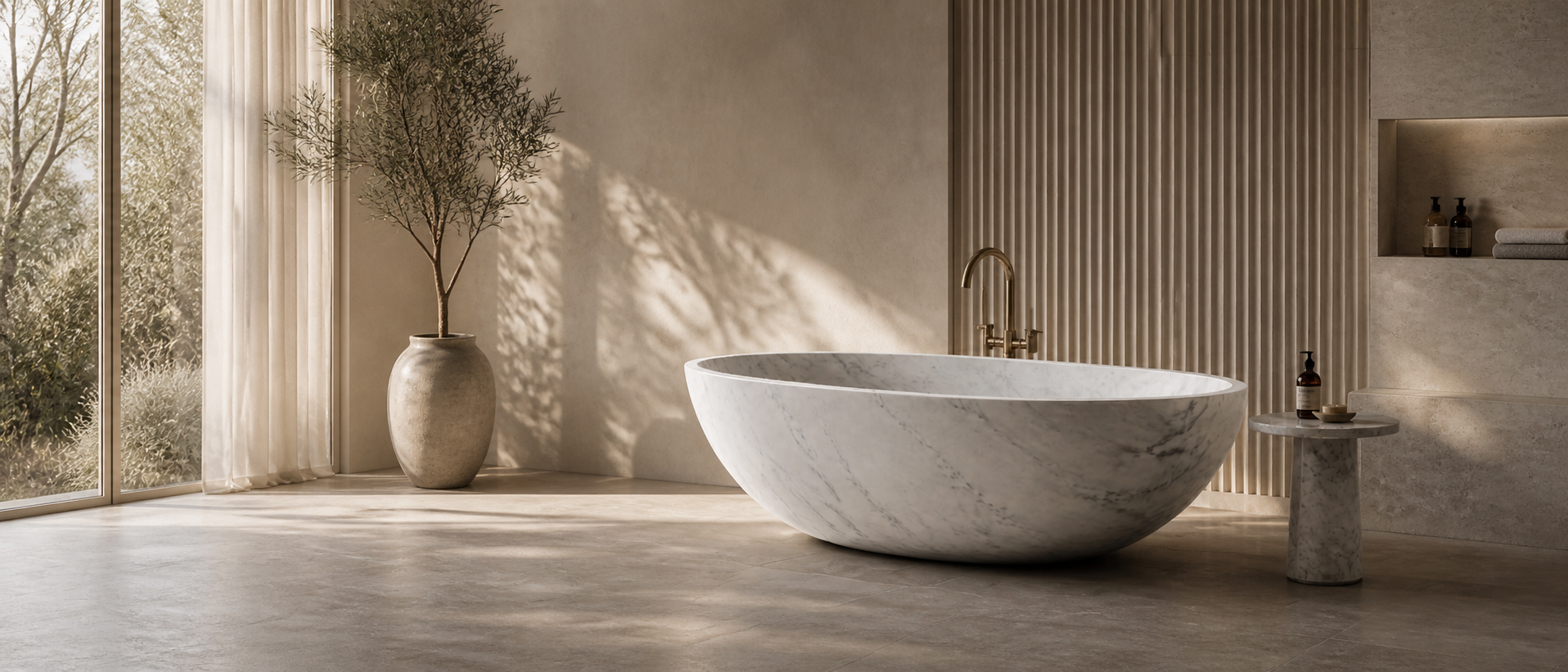White marble bathtub in a serene luxury bathroom with soft natural light