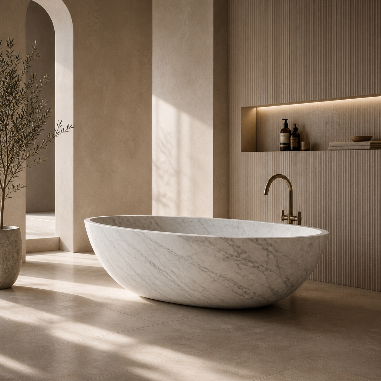 Freestanding white marble bathtub in a warm spa-style bathroom interior
