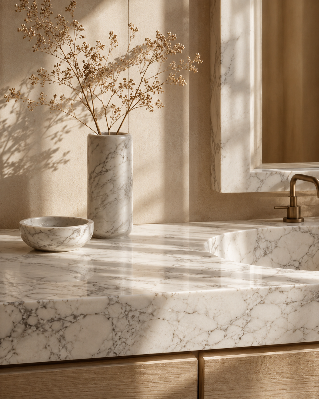 White veined marble vanity surface with a marble vase and bowl in soft sunlight, representing proper marble care.