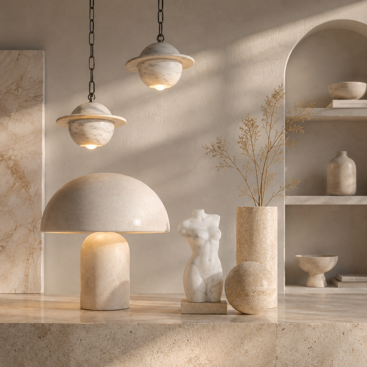 Marble lamps and stone décor objects styled in a warm luxury interior.