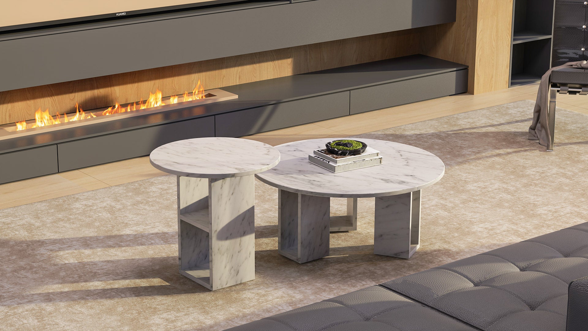 Marble Nook Coffee Table and Side Table sets in contemporary interior space
