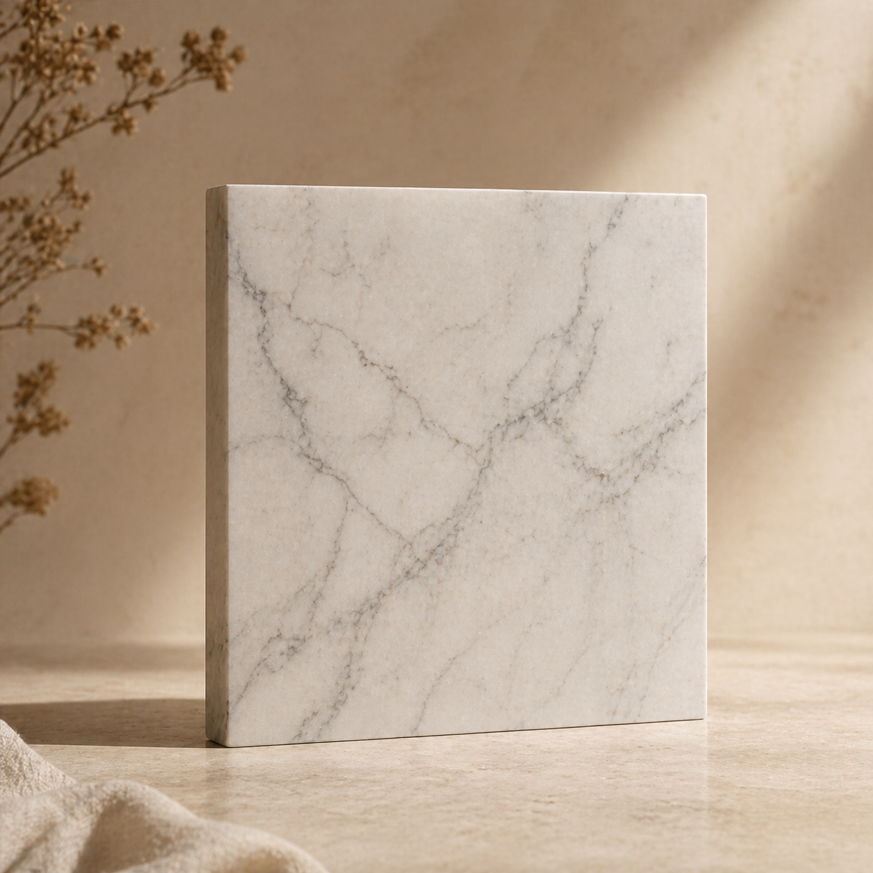 White marble stone sample with soft gray veining in warm natural light